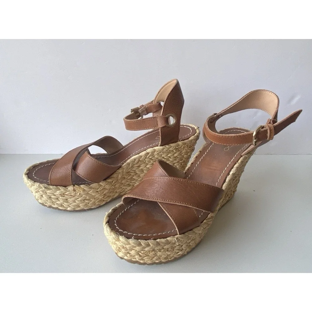 ALDO Brown Leather Espadrille Platform Wedge Sandals - Women's Size 7